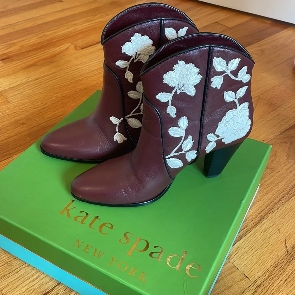 Kate Spade Burgundy Leather Ankle Boots with White Floral Embroidery